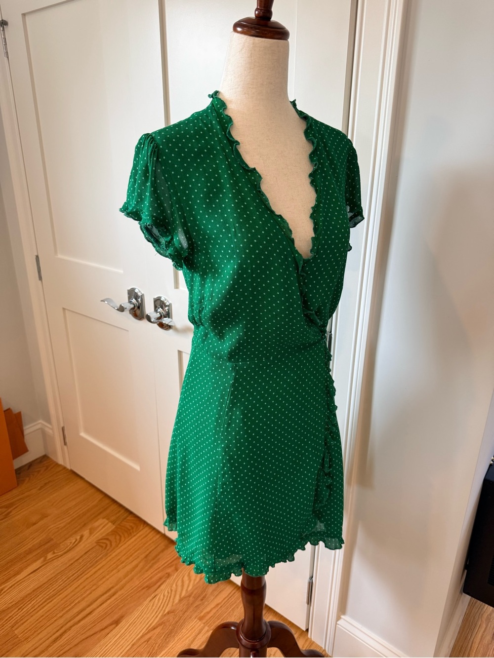 Reformation Sicilia Green Polka Dot Mini Wrap Dress - Picture 14 of 16